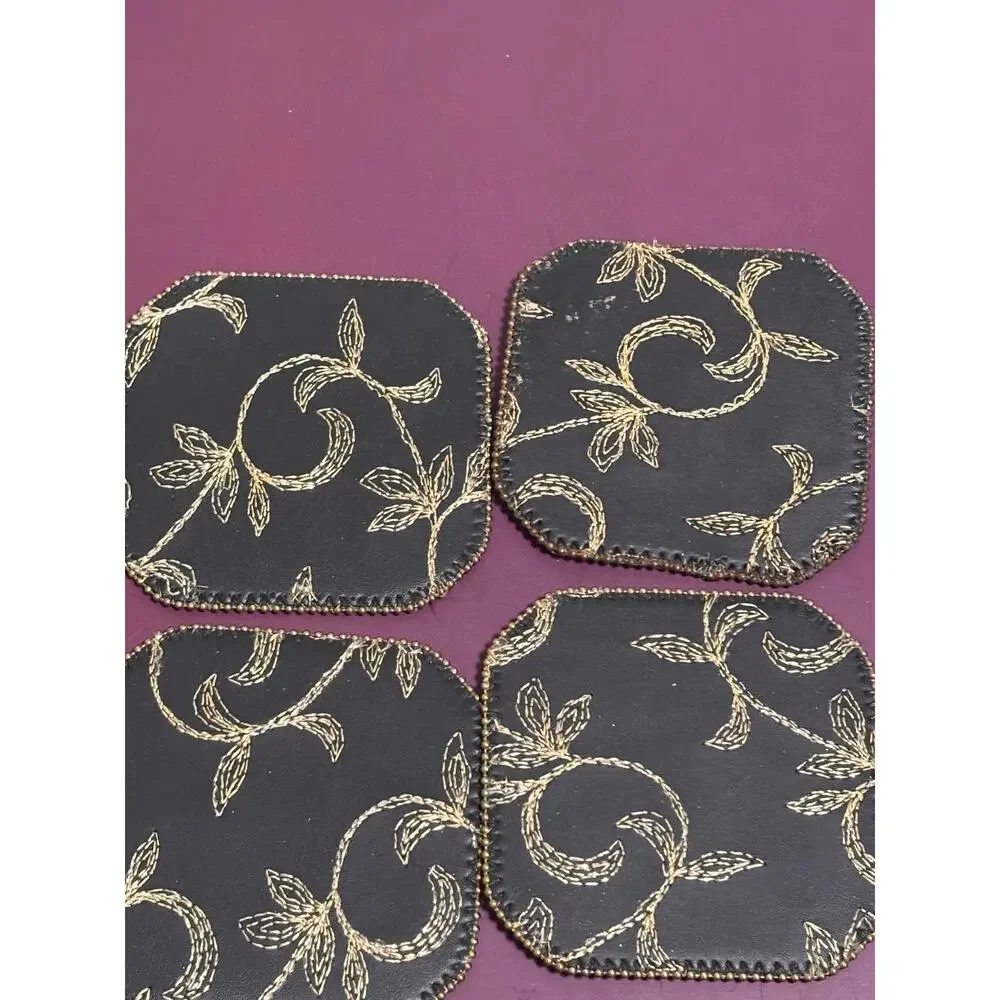 Lot Set of 6 Black Gold Silver Embroidered Coasters